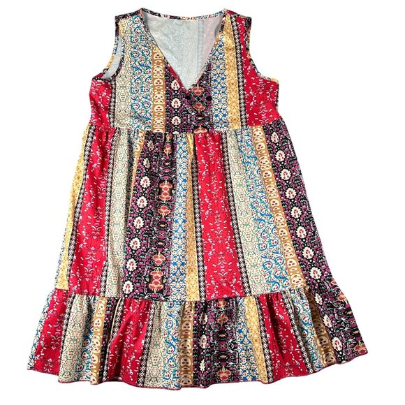 Bohemian L Multicolor Sleeveless V-Neck Dress Tiered Hem Polyester Lightweight - Picture 1 of 7